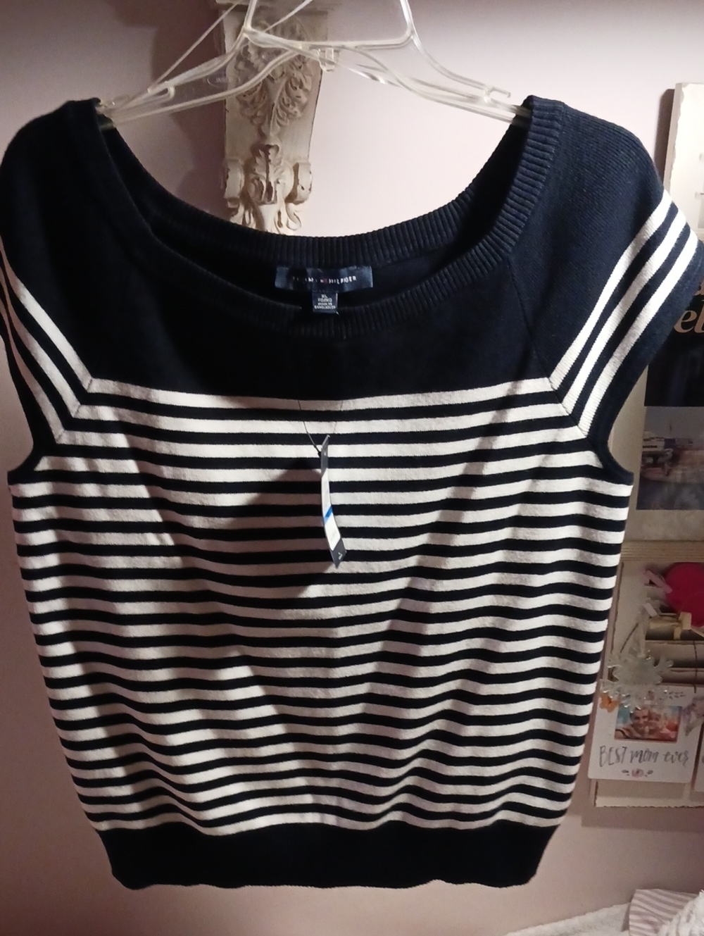 Tommy Hilfiger Navy & White Striped Boatneck Sweater Cap Sleeves XL